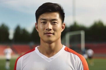 A confident Asian male soccer player standing against an unfocused photo of soccer fans in the background.