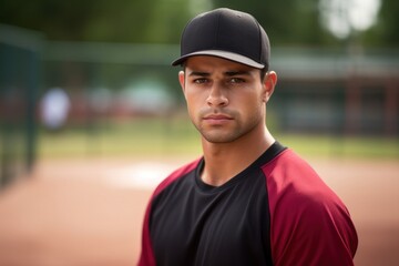 A confident Latino man in an unbranded softball uniform with a serious expression standing still in a close up portrait with a blurred background of a softball game.