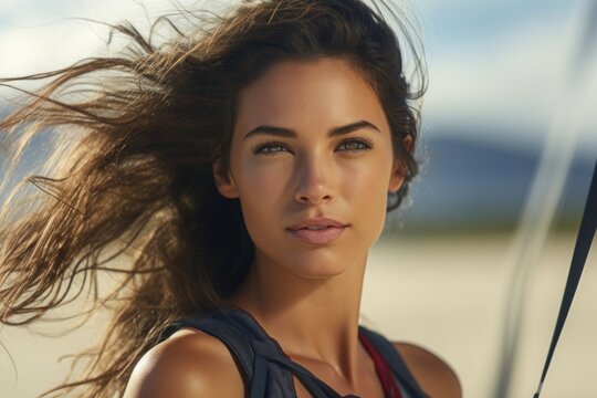 A Tall Slender Latina Woman Stands Still In A Closeup Portrait Her Strong Features Perfectly Still Even As The Wind From A Kite Surfing Scene Whips Her Hair Around Her Face.