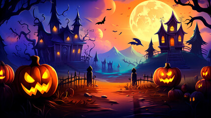 Fototapeta premium Halloween backgrounds in a fun cartoon style. Halloween wallpaper with pumpkins, spooky houses and ghosts. Generative AI