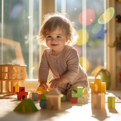 Dziewczynka bawiąca się drewnianymi zabawkami