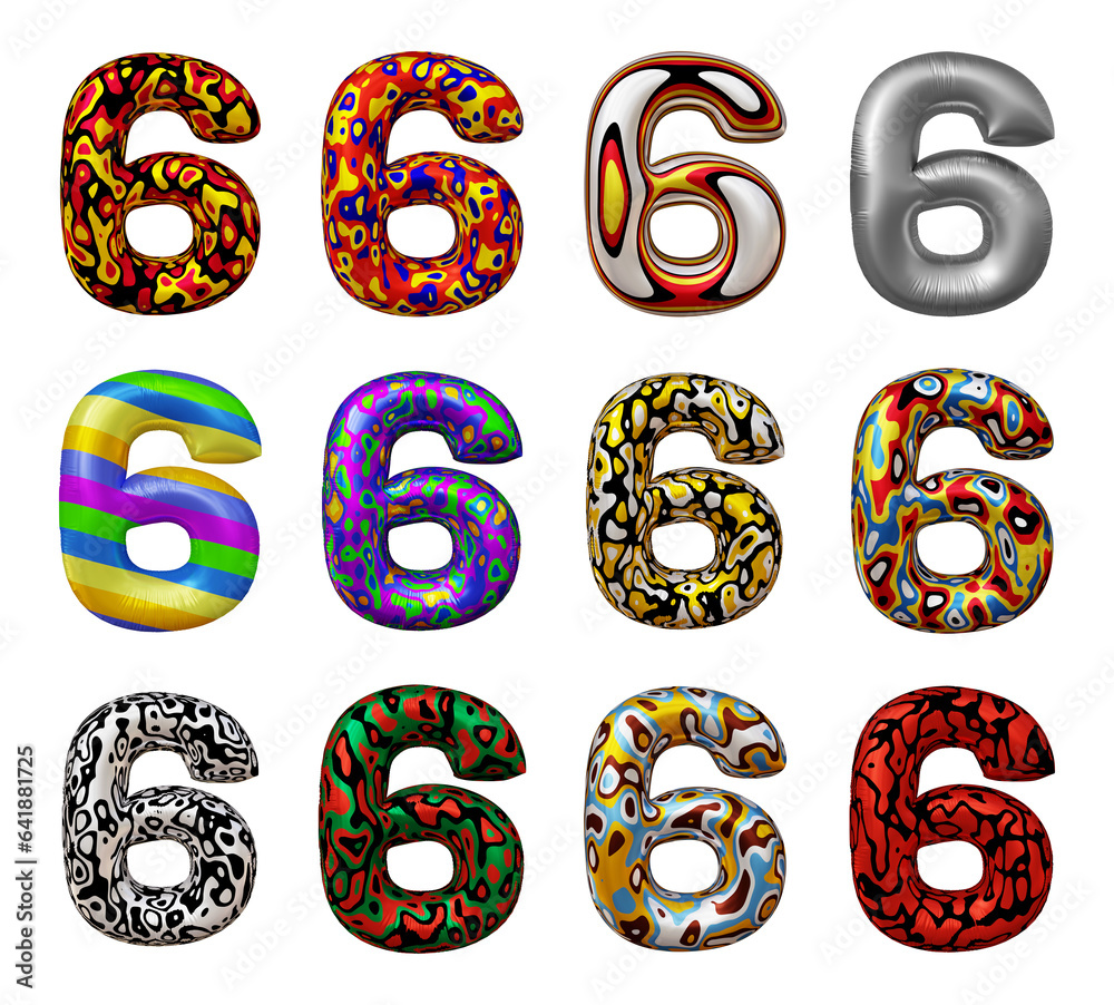 Poster set of number 6 in 3d rendering isolated on transparent background for math, business and education 
