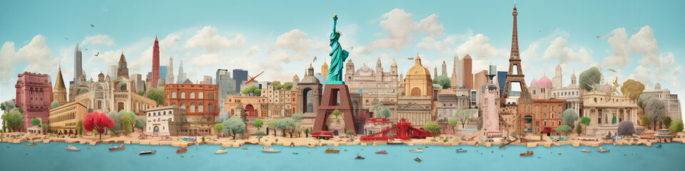 An Illustration of a Layered Collage of Famous world Landmarks