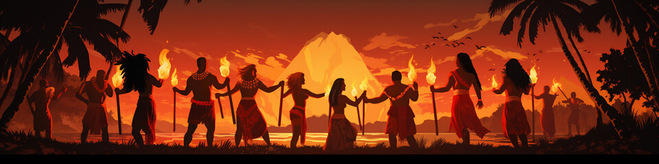 Fototapeta premium An Illustration of a Polynesian Luau with Dancers and Torches
