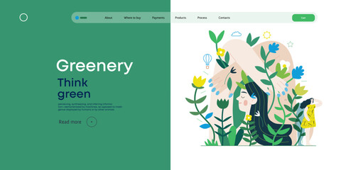 Greenery, ecology -modern flat vector concept illustration of a mural of a woman, surrounded by plants. Metaphor of environmental sustainability and protection, closeness to nature © grivina