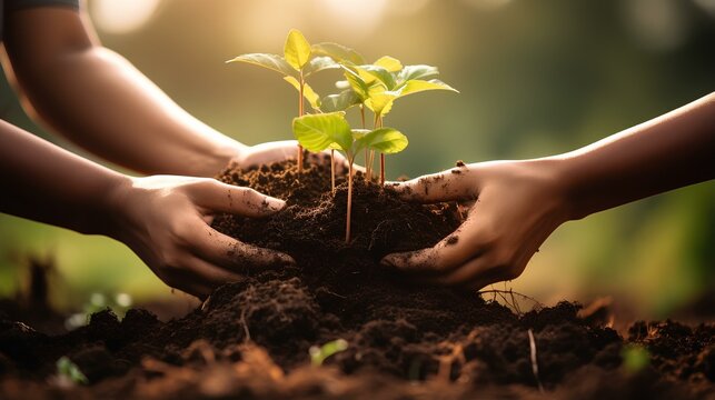 woman's hand holding up a mound of soil where seedlings grew, together to help the environment. generative AI