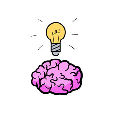 Brain with light bulb. Concept of thinking and new idea. Inspiration and education, problem solving. Hand drawn cartoon illustration