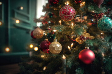 Obraz na płótnie Canvas Christmas tree decorated for the holidays close up