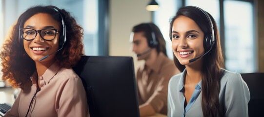 Customer service representative smiling and talking on the phone with customers