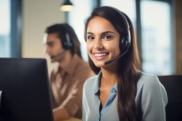 Customer service representative smiling and talking on the phone with customers