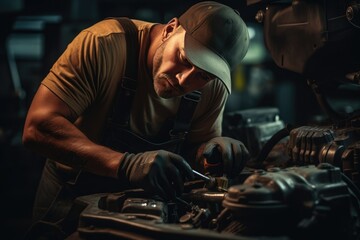 Mechanic working in his workshop at night