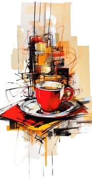 tea coffee cup Abstract modern art painting collage canvas expression illustration artwork