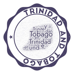 Naklejka premium Trinidad and Tobago logo. Amazing country badge with word cloud in shape of Trinidad and Tobago. Round emblem with country name. Radiant vector illustration.