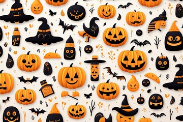 Fototapeta premium Cute Halloween wallpaper pattern with Halloween symbols in orange, black and white.
