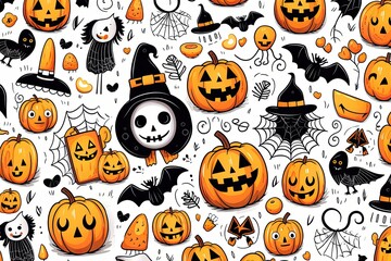Cute Halloween wallpaper pattern with Halloween symbols in orange, black and white.