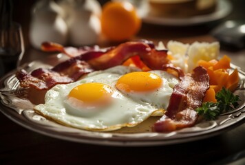 Hearty breakfast with fried eggs and bacon