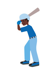 Black male baseball athlete holding a baseball bat, sport. Fun flat character. Vector illustration isolated on transparent background.