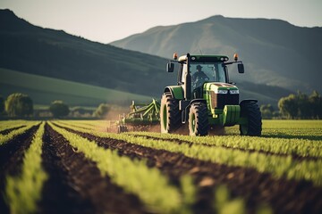 Tractor plowing a field at sunset - obrazy, fototapety, plakaty