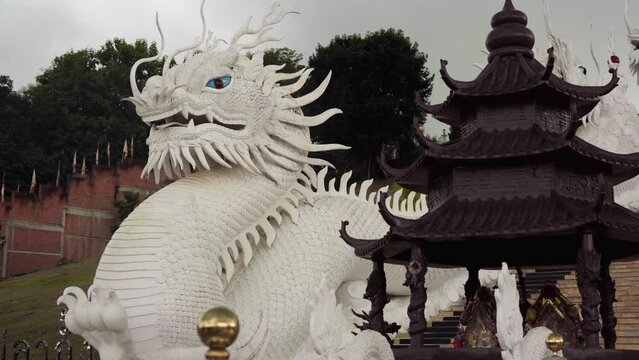 white dragon next to the big white buddha of chiang rai, thailand