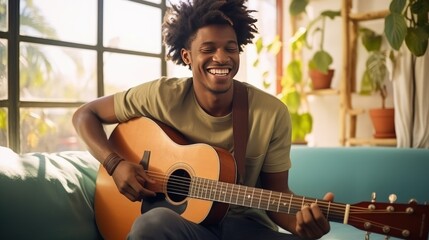 young joyful african american man playing acoustic guitar at home, sitting on sofa in living room - generative AI, fiction Person - Powered by Adobe