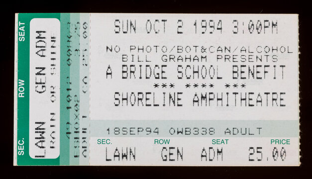 Mountain View, California - October 2, 1994 - Old used ticket for Bridge School Benefit concert at Shoreline Amphitheatre