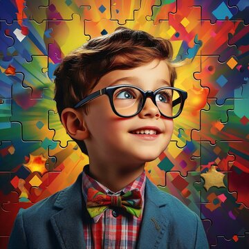 Illustration of an autistic boy with autism awareness puzzle pieces.