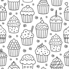 Seamless pattern of cupcakes doodle. Desserts and sweets in sketch style. Hand drawn vector illustration
