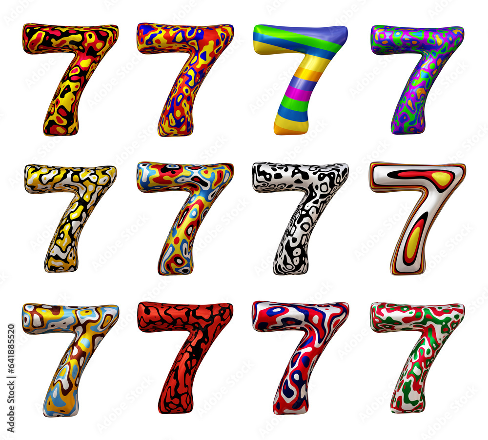 Poster set of number 7 in 3d rendering isolated on transparent background for math, business and education 