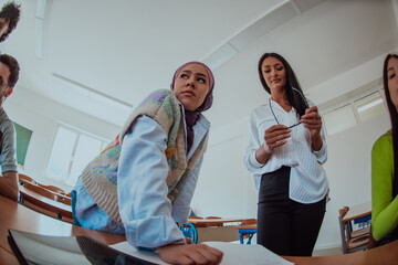 A diverse group of students gathers in a modern school classroom, passionately engaging in lively...