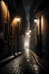 Papier Peint photo autocollant Ruelle étroite A misty evening scene capturing a deserted, narrow alleyway with old lampposts casting an eerie glow on the wet cobblestones. 