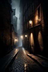 A misty evening scene capturing a deserted, narrow alleyway with old lampposts casting an eerie glow on the wet cobblestones.
