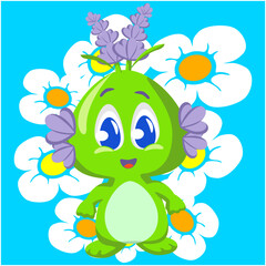 Vector mascot, cartoon and illustration of a cute imaginary nature lavender creature with floral hair standing and adorable fron of white flower