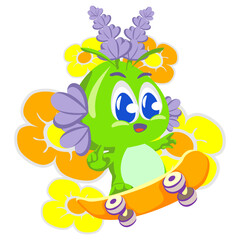Vector mascot, cartoon and illustration of a cute imaginary nature lavender creature with floral hair skateboarding