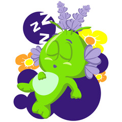 Vector mascot, cartoon and illustration of a cute imaginary nature lavender creature with floral hair sleeping