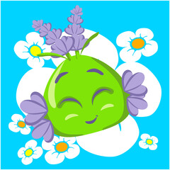 Vector mascot, cartoon and illustration of a cute imaginary nature lavender creature with adorable floral hair on front of white flower