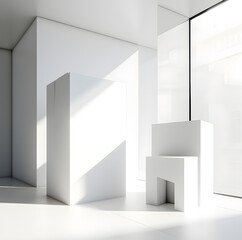 Architectural study in forms; a white interior with spatial separations 