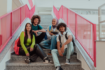 A diverse group of students sits on the steps of a modern school hallway during an educational break, sharing laughter, jokes, and knowledge, embodying a sense of unity and camaraderie.