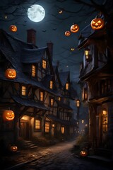 Fototapeta na wymiar A moonlit street in a quiet village, with historic houses decked out in spooky decor and glowing jack-o'-lanterns. 