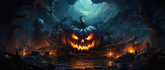 Halloween spooky background, scary jack o lantern pumpkins in creepy dark forest with bats, spooky trees and moon, Happy Haloween ghosts horror gothic mysterious night moonlight backdrop.
