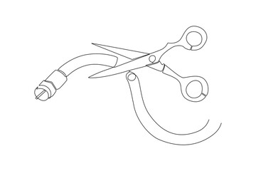 One continuous line drawing of Cord cutting concept. Doodle vector illustration in simple linear style. 