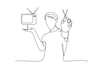 One continuous line drawing of Cord cutting concept. Doodle vector illustration in simple linear style. 