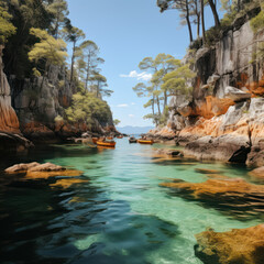 An orange inlet with caves along the coast. 
