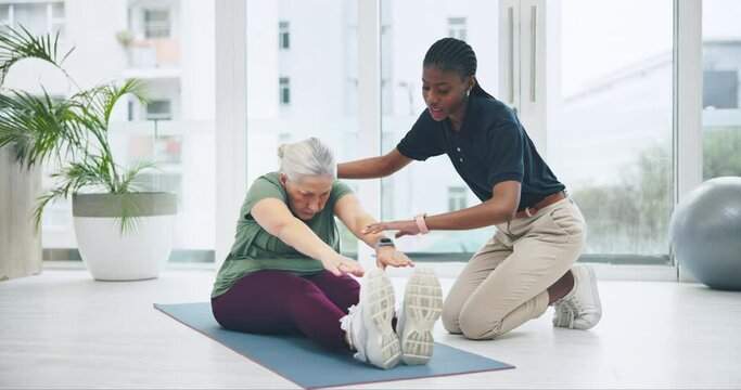 Old woman, physiotherapy and fitness, chiropractor and stretching body with healthcare at clinic. Elderly care, consultation and help with rehabilitation, exercise and people with physical therapy