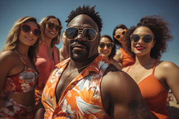 Fototapeta premium Diverse group of people enjoying a day at the beach, radiating confidence in their swimsuits and celebrating body positivity. Generative Ai