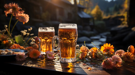 Fototapeta Werbebanner für den glücklichen Bier Tag, Oktoberfest oder Wiesen, Krügen erfrischender Getränke. Bayerisches Bier. Bayern, Bayerisch, Weizen, Hefe oder Weißbier, Wies obraz