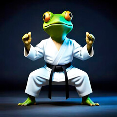 Karateka frog with black belt in fighting position - obrazy, fototapety, plakaty