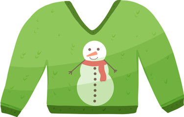 Christmas green pullover with snowman. Vector holiday illustration