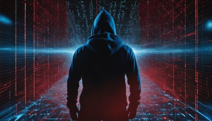 Anonymous hacker in black hoodie with network of glowing data and intricate code