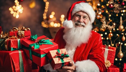 Fototapeta na wymiar Festive Santa Claus portrait with beautiful bokeh background - happy, holiday, Christmas