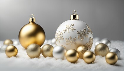 Winter holiday wallpaper with white and gold ornaments - Christmas baubles, empty glass snowball, isolated on white background, festive
